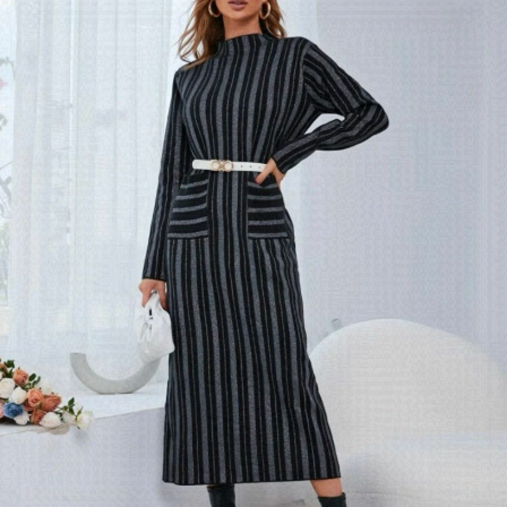 Stripe Pattern Dual Pocket Sweater Dress Without Belt Size M